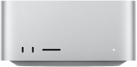Mac Studio, Vorderseite, zwei USB‑C Anschlüsse, SDXC Kartensteckplatz, Statusanzeige, nach unten zulaufender Sockel, flache Oberseite, gerundete Ecken, gerade Kanten, Farbe Silber